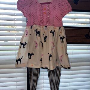 Eleanor Rose Pink and Cream Cat Dress with Striped Leggings